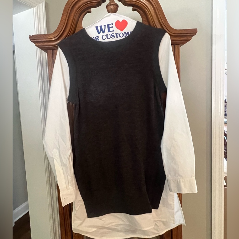 White button up dress with attached grey sweater vest